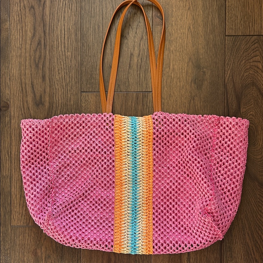 Shiraleah Pink Crochet Tote with Multicolor Stripes